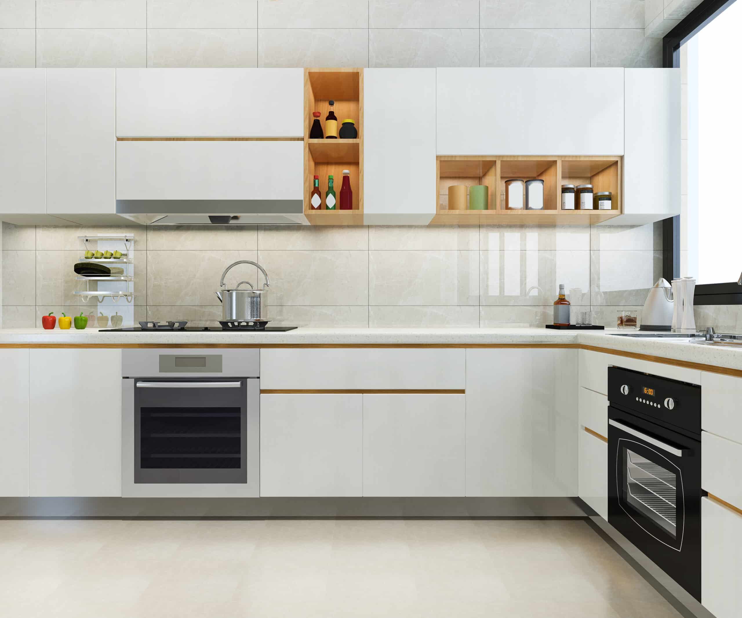 a kitchen with white cabinets and a black stove