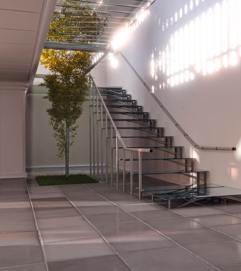 A basement with a staircase and some greenery