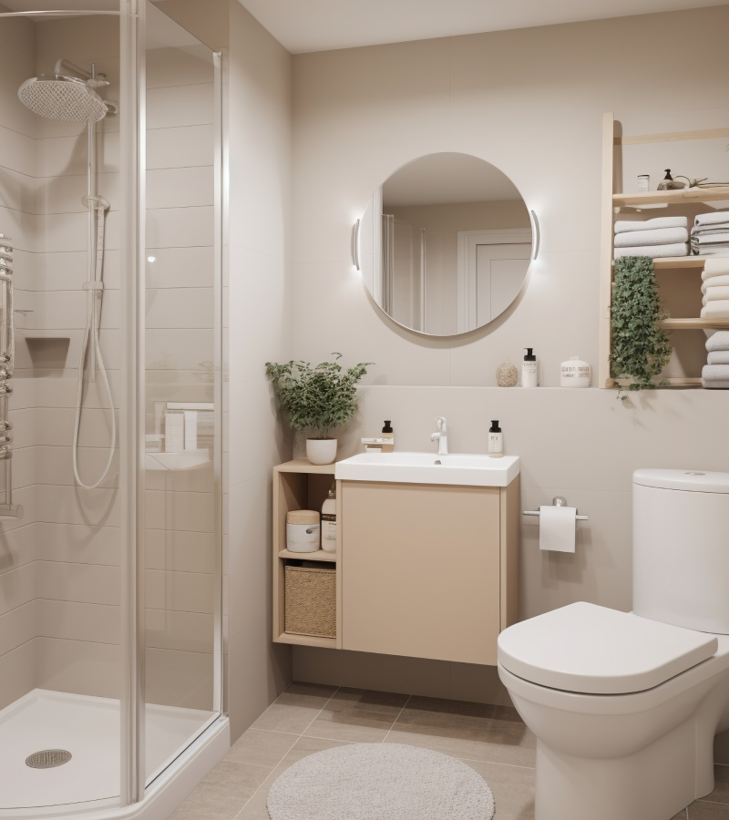 a bathroom with a mirror and a toilet